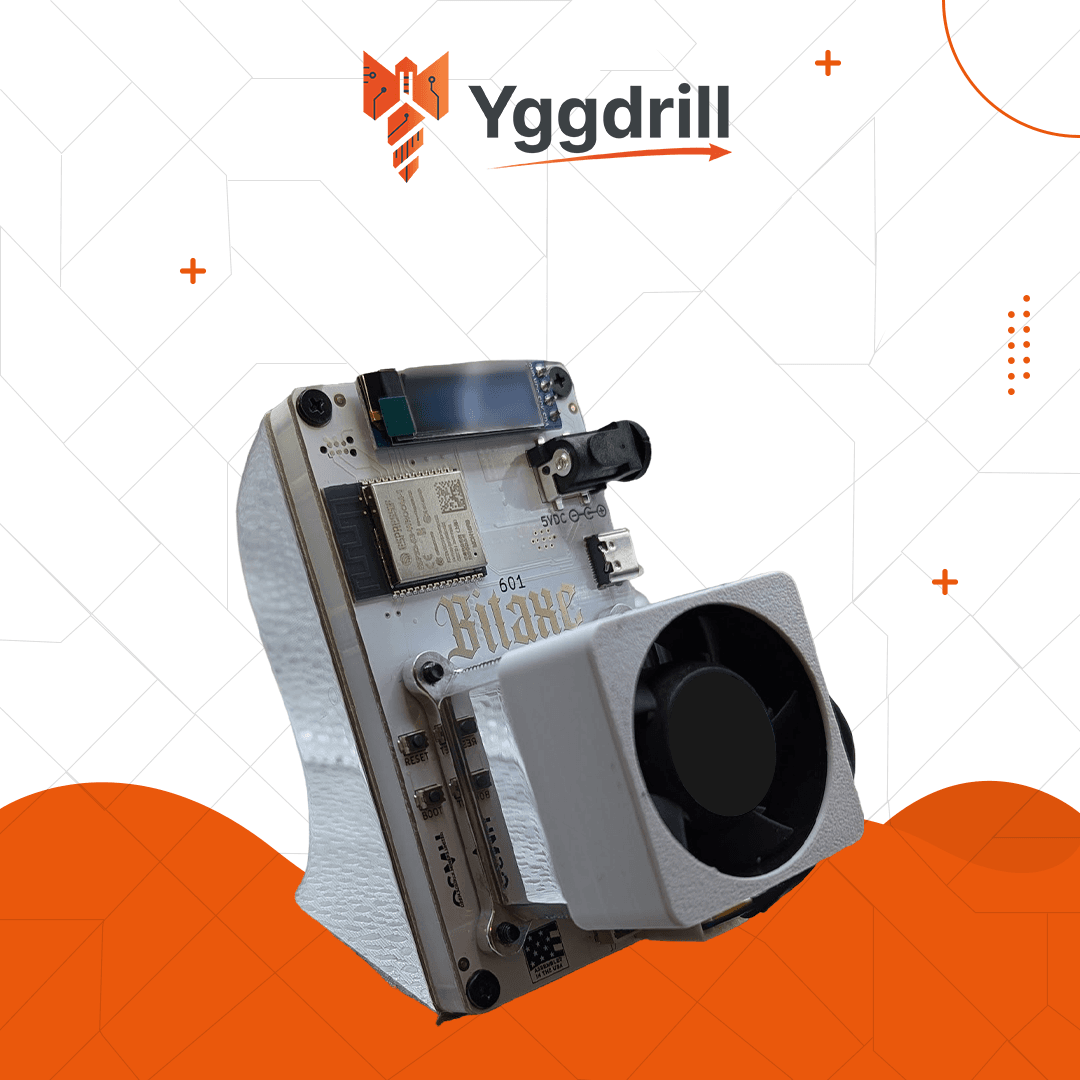 Bitaxe Gamma 602 Ice Angel Edition Bitcoin miner front angled view with white fan shroud and aluminum stand