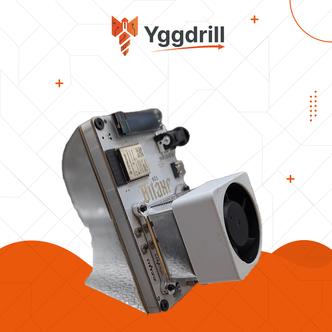 Bitaxe Gamma 602 Ice Angel Edition Bitcoin miner rear angled view showing PCB and white fan housing