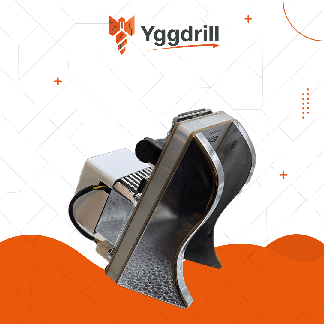 Angled rear view of Bitaxe Gamma 602 Ice Angel Edition Bitcoin miner showing aluminum frame, custom stand and connected cable