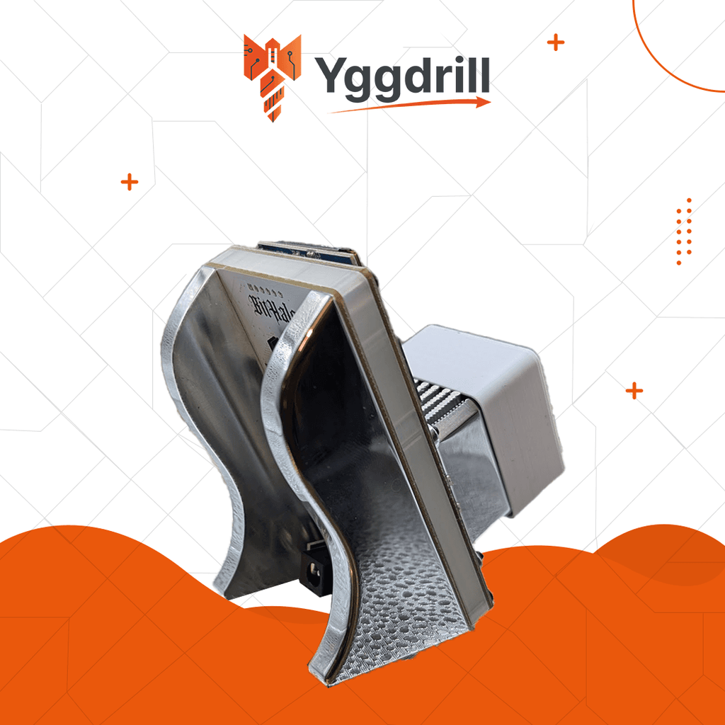 Rear angled view of Bitaxe Gamma 602 Ice Angel Edition Bitcoin miner mounted on custom stand showing aluminum heatsink and enclosure