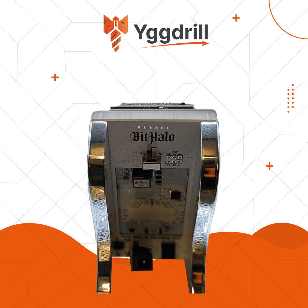 Rear view of Bitaxe Gamma 602 Ice Angel Edition Bitcoin miner showing I/O ports and aluminum frame on custom stand