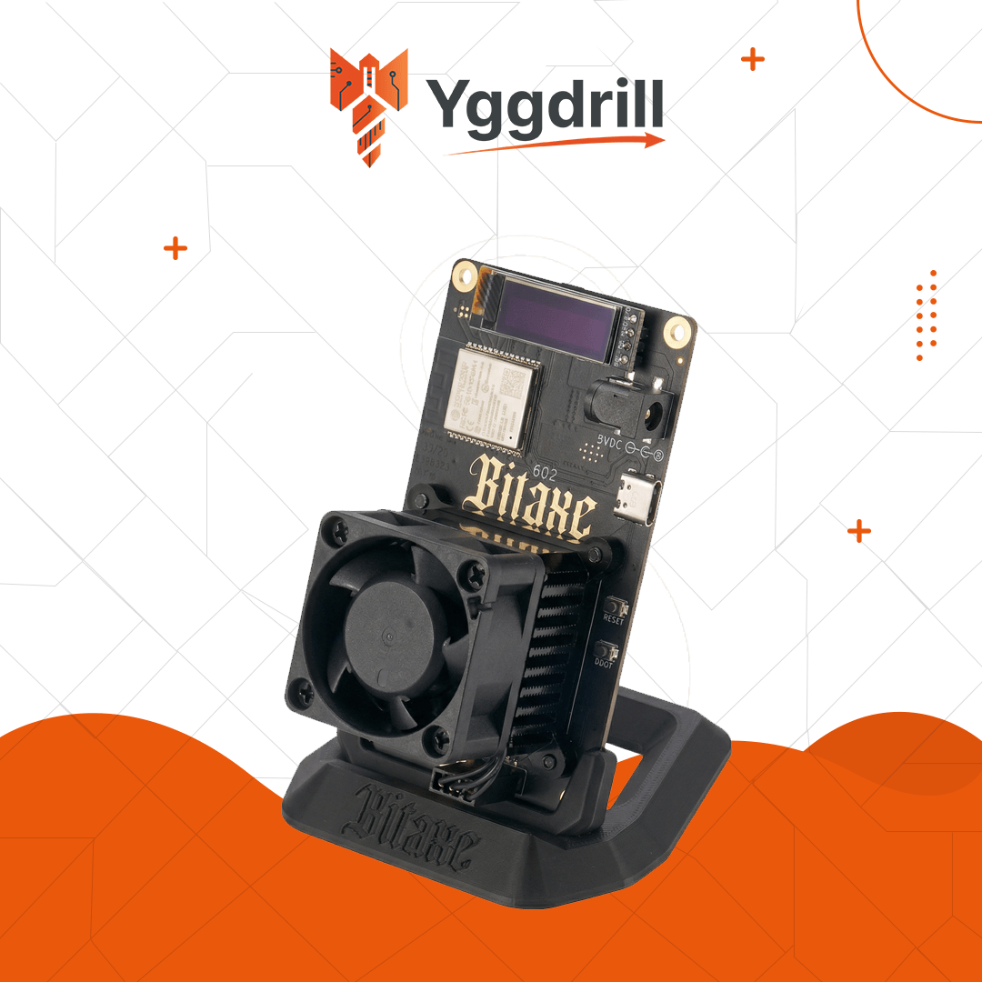 Bitaxe Gamma 602 miner with cooling fan mounted on branded upright stand