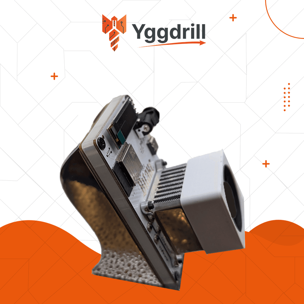 Side view of Bitaxe Ice Angel Edition Bitcoin miner showing aluminum heatsink, cooling fan, and angled stand on Yggdrill branded background