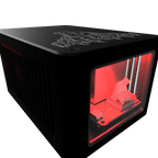 Front angled view of Bitforge Nano Ghost Edition Bitcoin miner with glass window and red illuminated interior display
