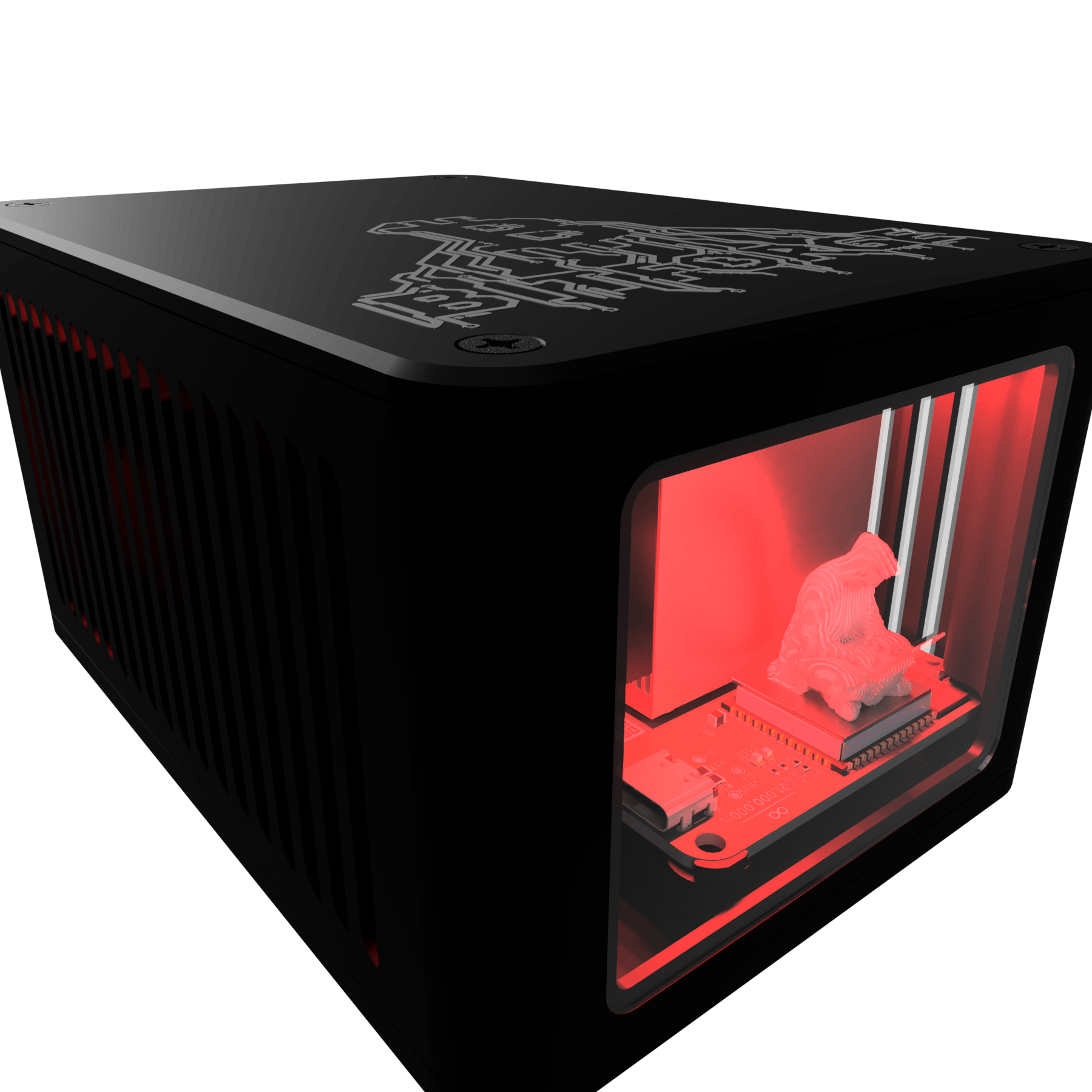 Front angled view of Bitforge Nano Ghost Edition Bitcoin miner with glass window and red illuminated interior display