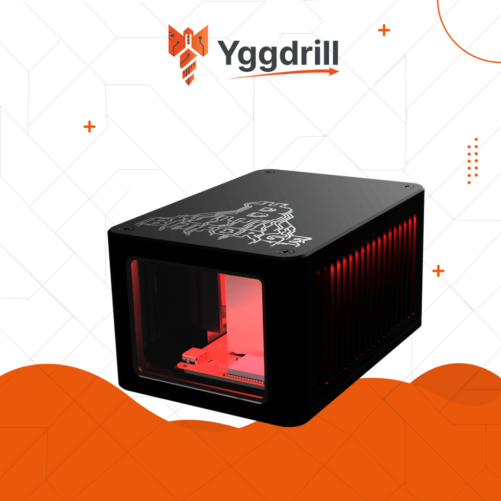 Bitforge Nano Ghost Edition Bitcoin miner with black metal enclosure and red illuminated interior on white and orange background