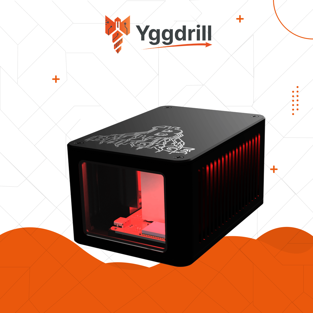 Bitforge Nano Ghost Edition Bitcoin miner with black metal enclosure and red illuminated interior on white and orange background