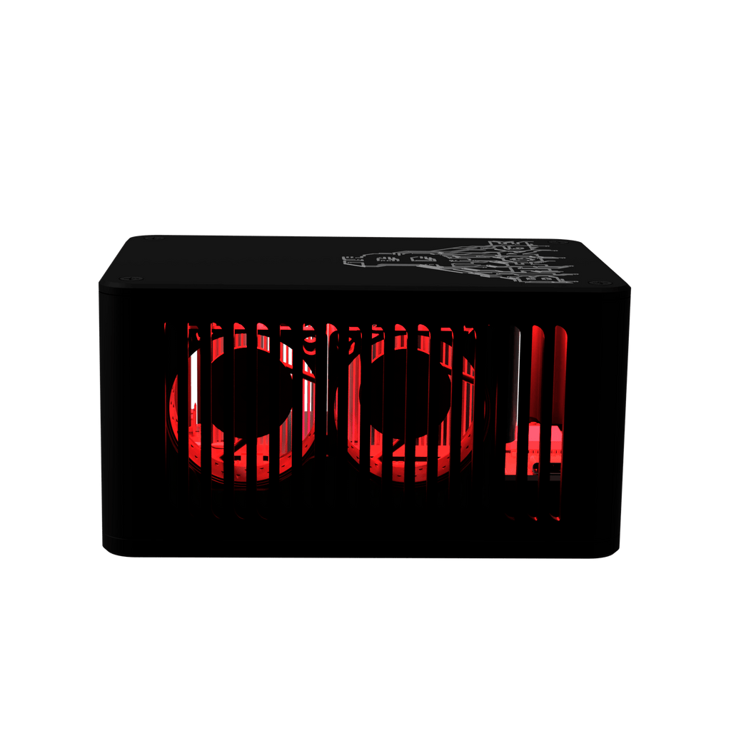 Rear view of Bitforge Nano Ghost Edition Bitcoin miner showing dual cooling fans behind vented panel with red lighting