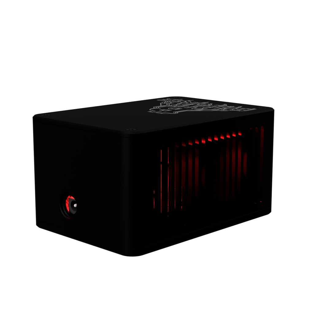 Rear angled view of Bitforge Nano Ghost Edition Bitcoin miner showing power button and red illuminated side vents