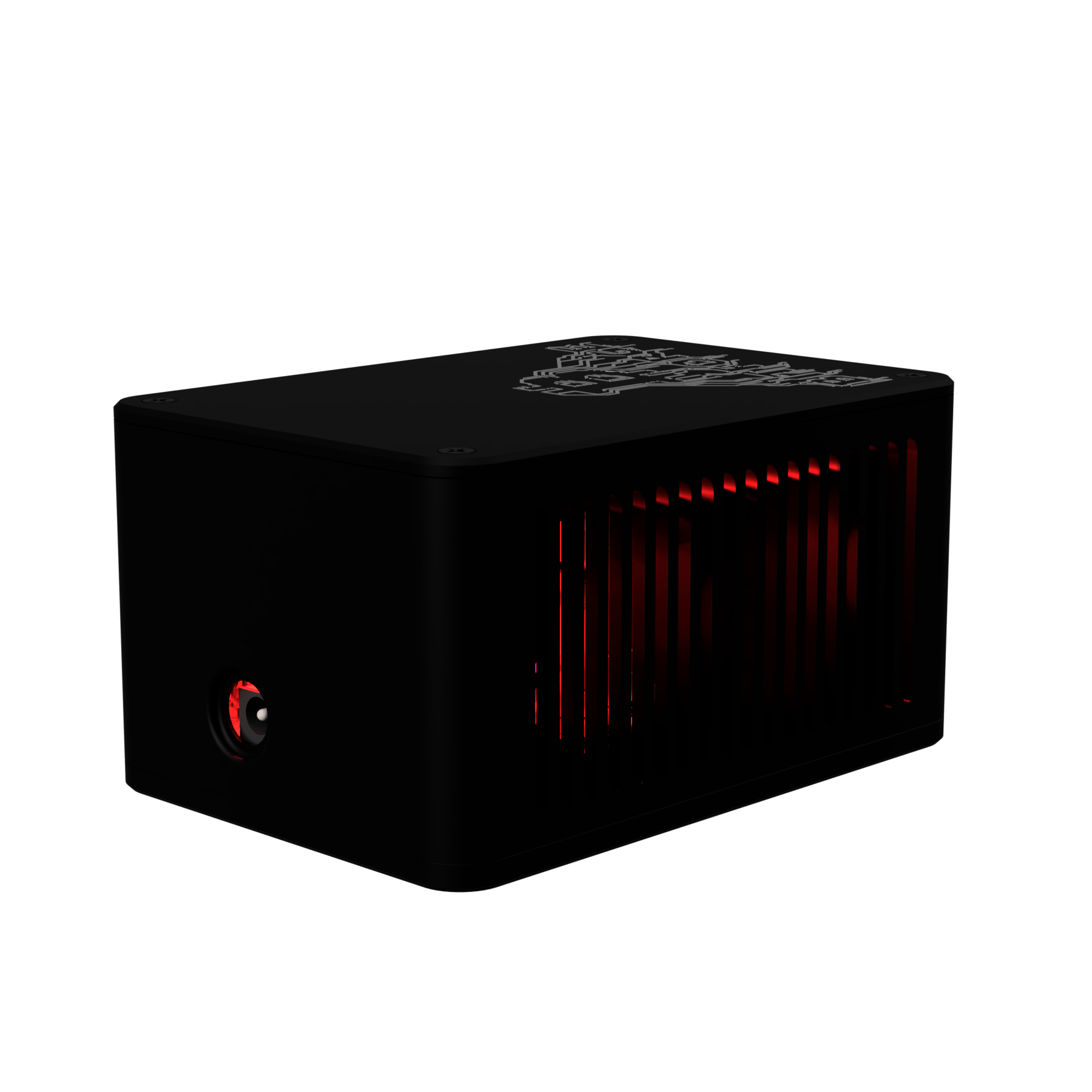 Rear angled view of Bitforge Nano Ghost Edition Bitcoin miner showing power button and red illuminated side vents