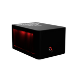 Side angled view of Bitforge Nano Ghost Edition Bitcoin miner showing vented metal casing with red internal lighting and rear power button