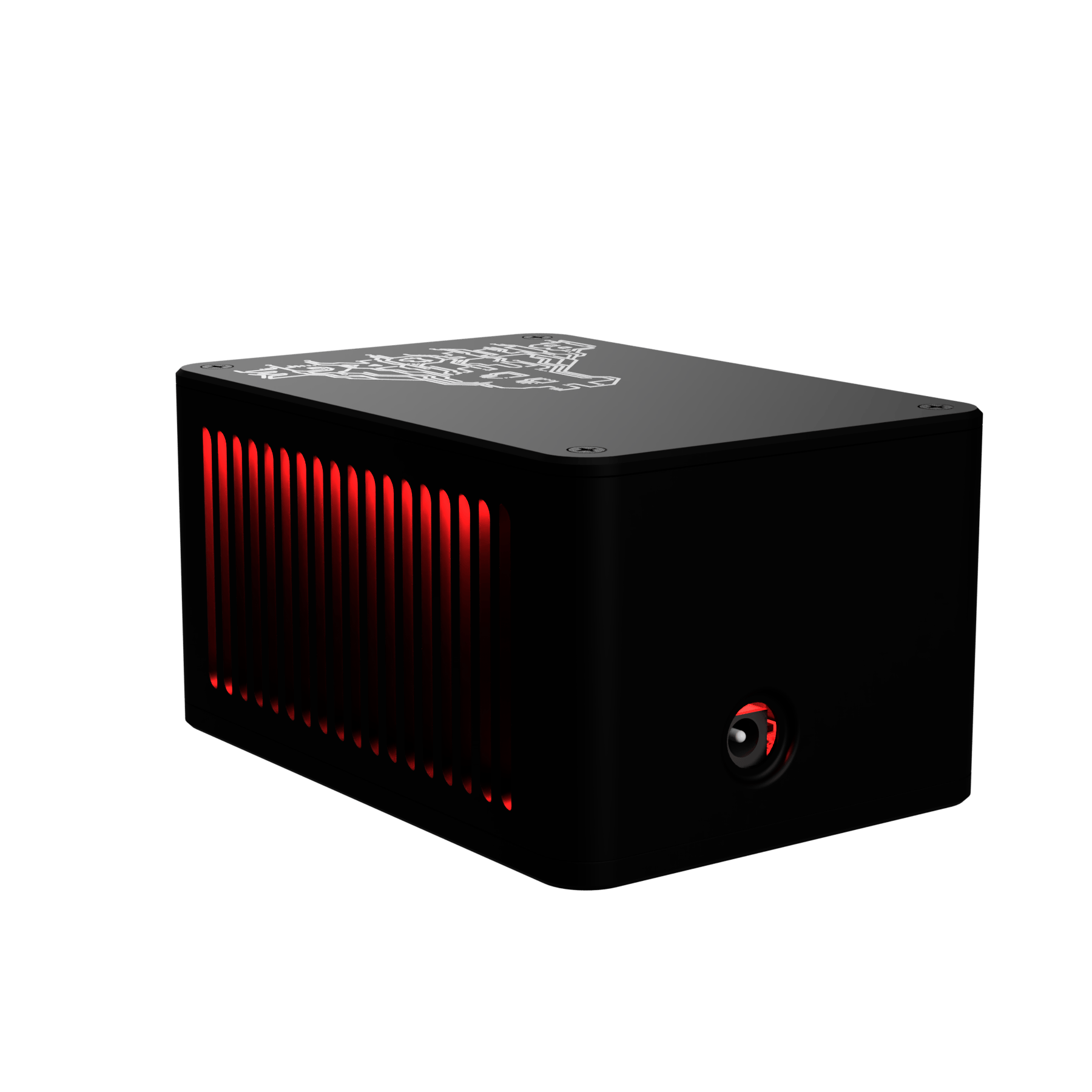 Side angled view of Bitforge Nano Ghost Edition Bitcoin miner showing vented metal casing with red internal lighting and rear power button
