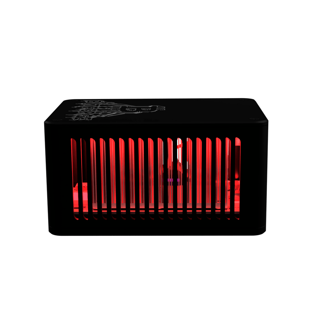 Side profile of Bitforge Nano Ghost Edition Bitcoin miner showing full vented metal panel with red internal lighting