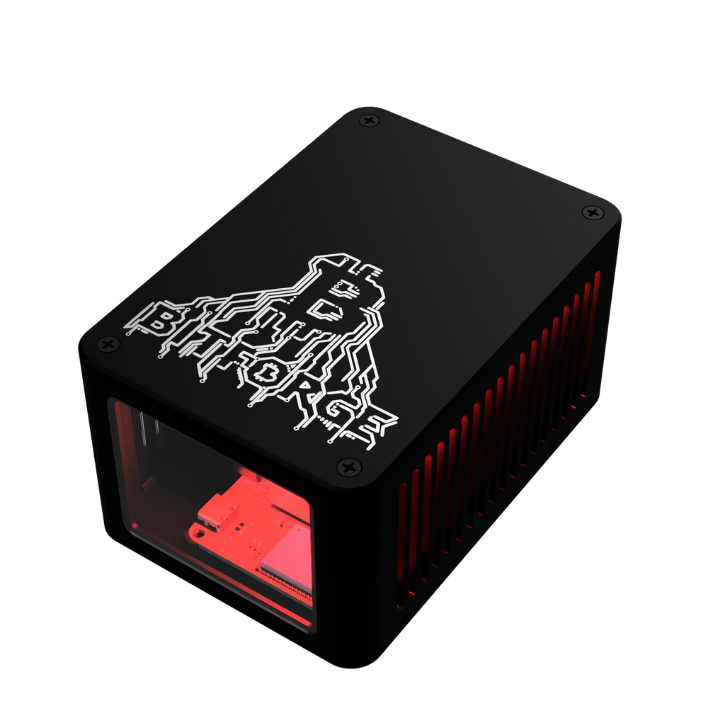 Top angled view of Bitforge Nano Ghost Edition Bitcoin miner showing engraved logo and front glass window with red interior lighting
