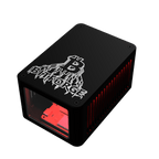 Top angled view of Bitforge Nano Ghost Edition Bitcoin miner showing engraved logo and front glass window with red interior lighting