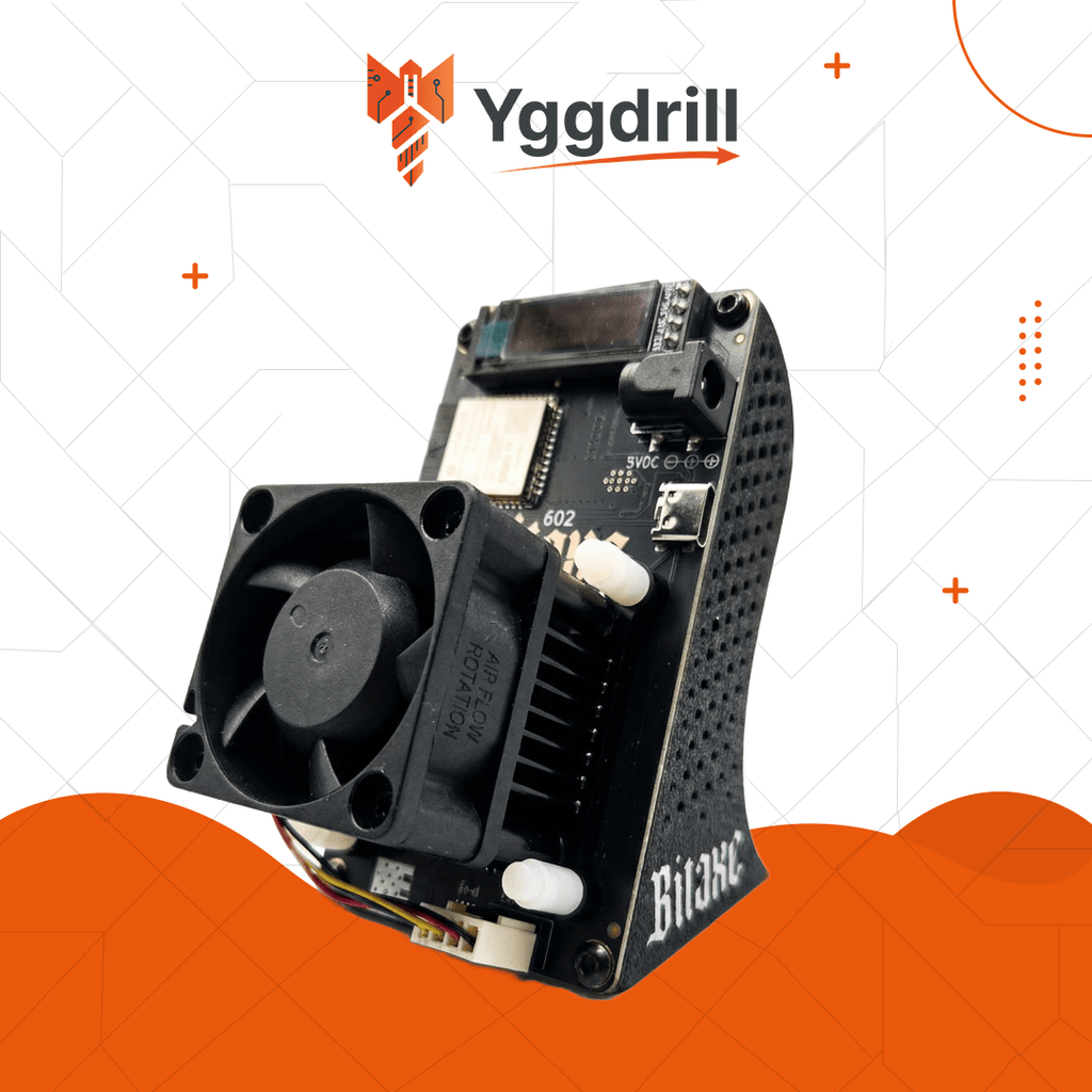 Yggdrill 3D printed Bithalo stand holding Bitaxe Bitcoin miner with front cooling fan visible