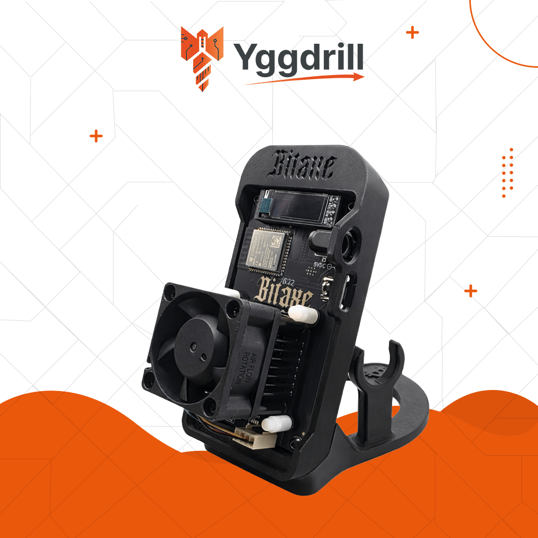 Yggdrill 3D printed power stand holding Bitaxe Bitcoin miner vertically with cooling fan and integrated base