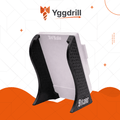 Yggdrill stand for BitHalo Bitcoin miner with black curved sides and white center panel on white and orange background