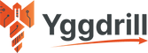 Yggdrill logo with orange geometric emblem, dark gray wordmark, and orange arrow underline on transparent background