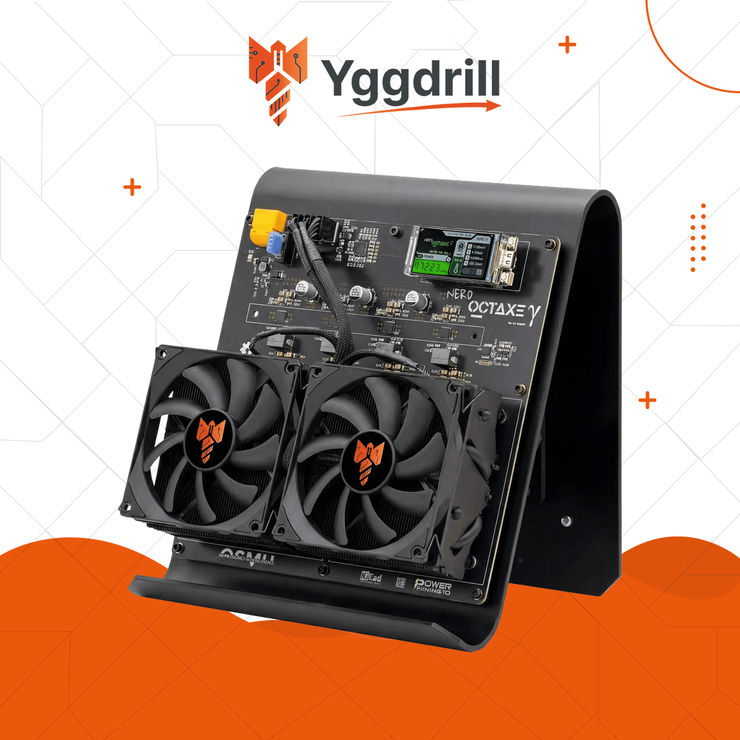 Nerd Octaxe Y Bitcoin miner with dual cooling fans and digital display on Yggdrill branded background