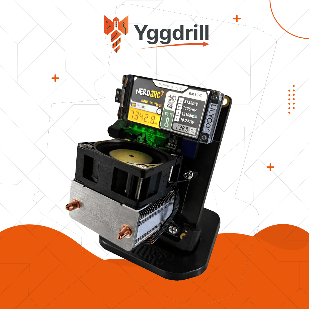 Nerdaxe Gamma Bitcoin miner mounted on stand with cooling fan, heatsink and digital display on white and orange background